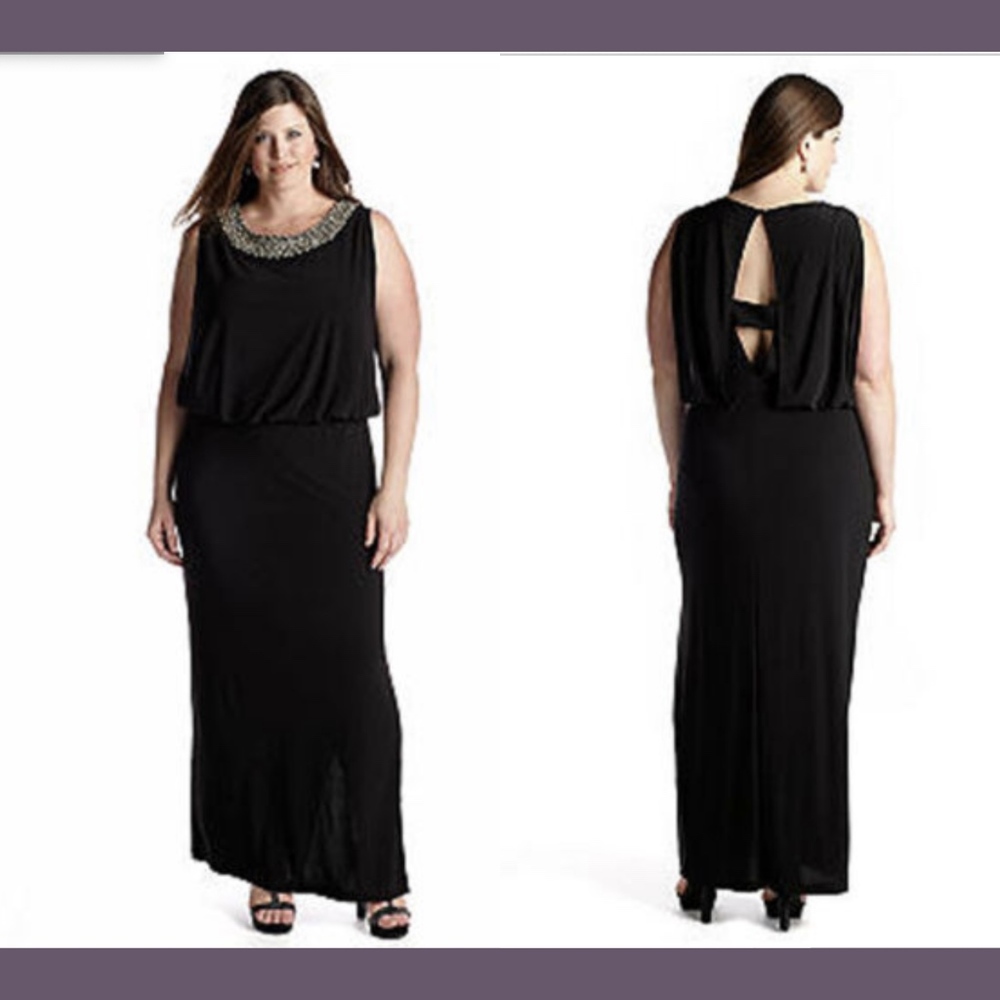 NWT $140 R&M Richards Beaded Overlay Evening Gown in Black [SZ‎ 16W ]
